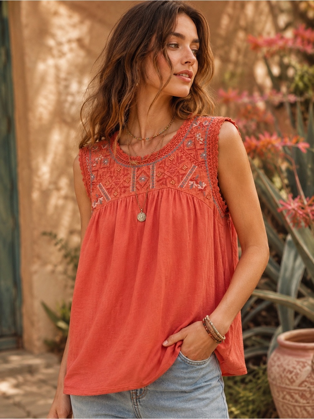 Knox Rose Coral Embroidered Boho Tank Top